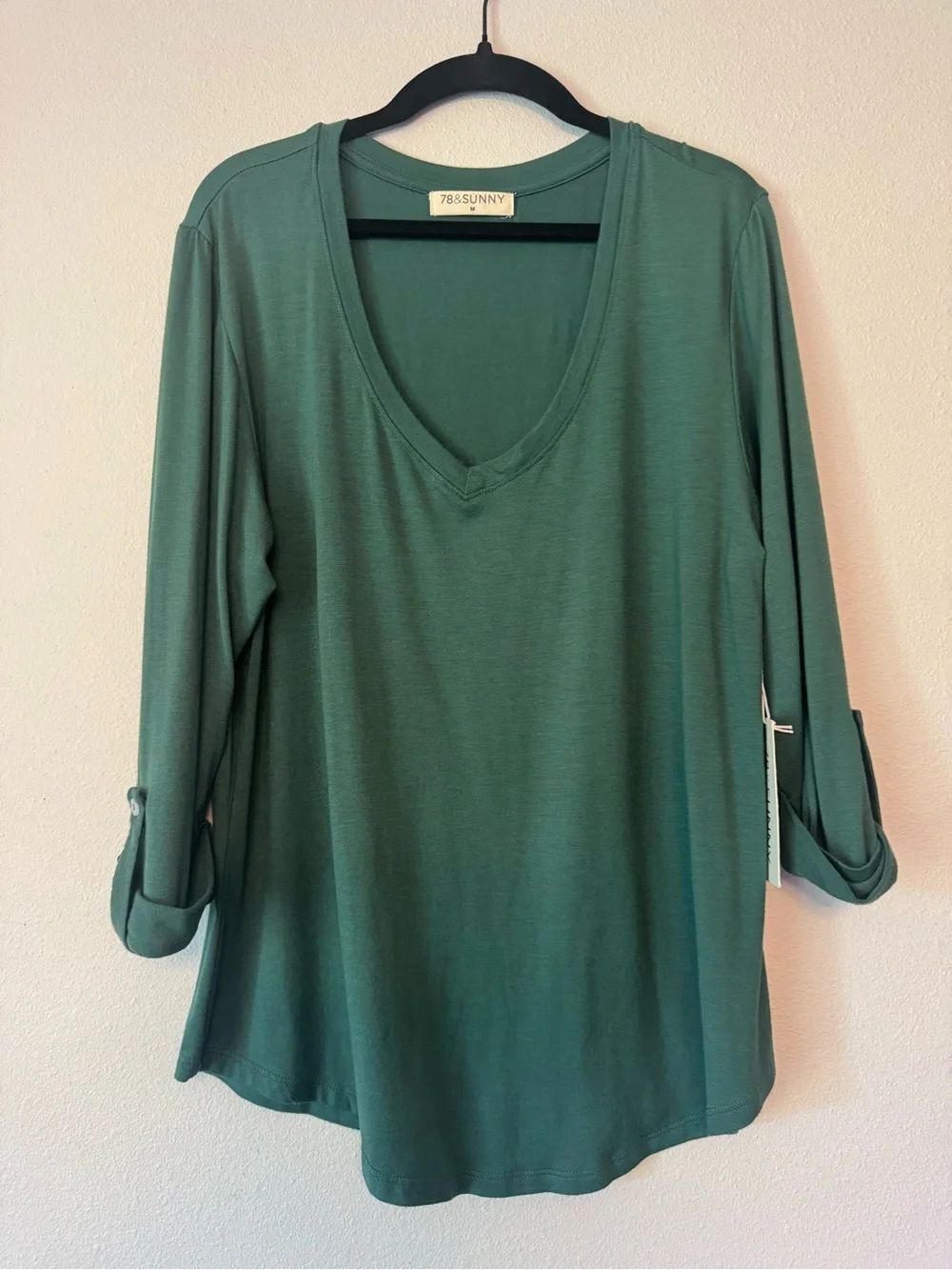 Hunter Green V-Neck Roll-Sleeve Top